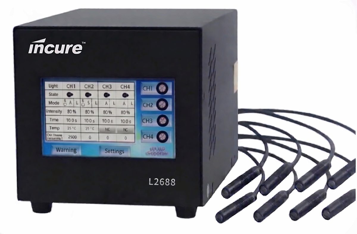 Incure L2688™ eight-head UV LED spot curing controller with touchscreen and eight LED light heads